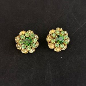 Gold-Tone Floral Clip-On Earrings with Green Crystals